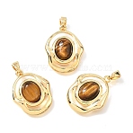 Natural Tiger Eye Pendants, Brass Bezeled Oval Charms with Snap on Bails, Real 18K Gold Plated, 20x16x5mm, Hole: 4x3mm(KK-N289-01G)