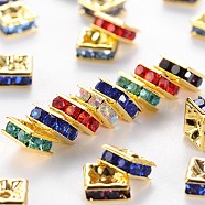 Brass Rhinestone Spacer Beads, Grade A, Golden Metal Color, Square, Mixed Color, 6x6x3mm, Hole: 1mm(RB-A013-6x6-G)