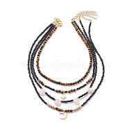4Pcs 4 Style Brass Moon & Star Pendant Necklaces Set, Natural Tiger Eye & Rose Quartz & Glass Seed Beaded Stackable Necklaces for Women, Black, 13.98~18.62 inch(35.5~47.3cm), 1Pc/style(NJEW-JN04019)