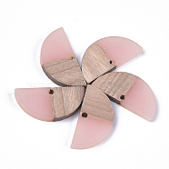 Resin & Wood Semi Circle Pendants, Half Round, Pink, 14x28x3~3.5mm, Hole: 2mm(RESI-S358-54C)