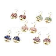 Natural Gemstone Chips Tree of Life Dangle Earrings, Gold Plated Brass Jewelry for Women, 44mm, Pin: 0.6mm(EJEW-JE04934)