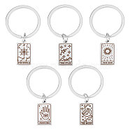 5Pcs 5 Style Rectangle with Tarot 316 Stainless Steel Pendant Keychains, for Keychain, Purse, Backpack Ornament, Stainless Steel Color, 5.4~5.45cm, 1pc/style(KEYC-UN0001-13P)