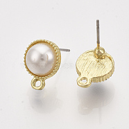 Alloy Stud Earring Findings, with ABS Plastic Imitation Pearl, Steel Pins and Loop, Flat Round, Creamy White, Light Gold, 12.5x9mm, Hole: 1.2mm, Pin: 0.7mm(X-PALLOY-S121-138)