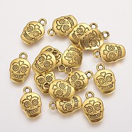 Mexico Holiday Day of the Dead Sugar Skull Tibetan Style Alloy Metal Pendants, For Mexico Holiday Day of the Dead, Lead Free & Cadmium Free & Nickel Free, Antique Golden, 18x12x3mm, Hole: 2mm(TIBEP-21061-AG-FF)