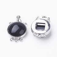 Natural Black Agate Box Clasps, with Brass Finding, Dyed, Flat Round, Platinum, 26.5x17.5x8~9mm, Hole: 1mm(G-E427-14P)