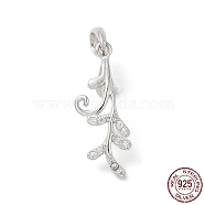 Rhodium Plated 925 Sterling Silver Ice Pick Pinch Bails, with Micro Pave Clear Cubic Zirconia, Leaf, with S925 Stamp, Real Platinum Plated, 21.5x8.5mm, Hole: 3x4.5mm, Pin: 0.9mm(STER-NH0001-21P)