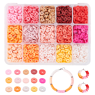 ARRICRAFT 3750Pcs 15 Colors Flat Round Handmade Polymer Clay Beads, Disc Heishi Beads for Hawaiian Earring Bracelet Necklace Jewelry Making, Mixed Color, 6x1mm, Hole: 2mm, 250pcs/color(CLAY-AR0001-20)