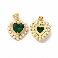 Rack Plating Brass & Glass Pendants, with Plastic Imitation Pearl, Cadmium Free & Lead Free, Real 18K Gold Plated, Long-Lasting Plated, Heart Charm, Green, 17x15x5mm, Hole: 3.5x4.5mm(KK-G456-07G)