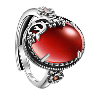 SHEGRACE 925 Sterling Silver Adjustable Rings, with Natural Garnet, Oval with Flower, Antique Silver, Red, US Size 9, Inner Diameter: 19mm(JR829A)