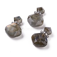 Rhombus Natural Labradorite Perfume Bottle Pendants, with 304 Stainless Steel Findings, Faceted, Stainless Steel Color, 26~27x17~17.5x8~8.5mm, Hole: 1.4mm, Capacity: about 2ml(0.06 fl. oz)(G-H241-01E-P)