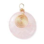 Natural Rose Quartz Pendants, with Light Gold Tone Copper Wire Wrapped, Flat Round, 35x27x6.5mm, Hole: 4mm(PALLOY-JF01289)