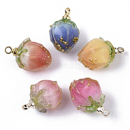 Handmade Flower Epoxy Resin Pendants, with Brass Peg Bails and Glass Micro Beads, Bud, Golden, Mixed Color, 14~15x9~10x9~10mm, Hole: 1.2mm(KY-S163-103)