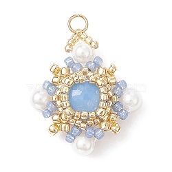K9 Glass & Shell Pearl & Seed Braided Pendants, Rhombus Charms, Light Blue, 25.5x23x7mm, Hole: 2mm(PALLOY-MZ00139-02)