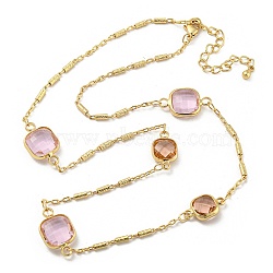 Faceted Square Glass Beads Bib Necklaces, Brass Chain Neckalces , Golden, 16.34 inch(41.5cm)(NJEW-R263-15G)