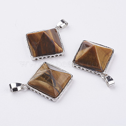 Natural Tiger Eye Pendants, with Brass Finding, Pyramid, Platinum, 28.5x32x13mm, Hole: 3.5x6mm(G-E442-02D)