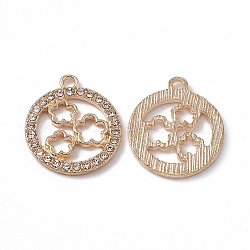 Alloy Rhinestones Pendants, Flat Round with Flower Charms, Golden, 23x19.5x2mm, Hole: 2.5mm(FIND-A024-52G)