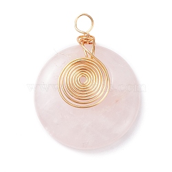 Natural Rose Quartz Pendants, with Light Gold Tone Copper Wire Wrapped, Flat Round, 35x27x6.5mm, Hole: 4mm(PALLOY-JF01289)