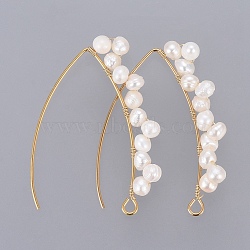 PVD Vacuum Plating 304 Stainless Steel Earring Hooks, with Grade A Natural Cultured Freshwater Pearl and Horizontal Loop, Golden, White, 42x32x5mm, Hole: 2mm, Pin: 0.8mm(X-EJEW-JE03759)