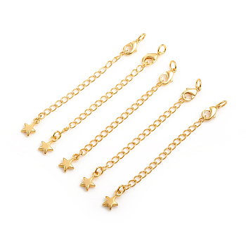 Brass Chain Extender, with Curb Chains and Lobster Claw Clasps, Long-Lasting Plated, Star, Real 14K Gold Plated, 73x3mm, Clasp: 10x5.5x2.5mm, Jump Ring: 5x1mm, Inner Diameter: 3mm