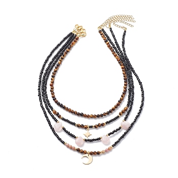 4Pcs 4 Style Brass Moon & Star Pendant Necklaces Set, Natural Tiger Eye & Rose Quartz & Glass Seed Beaded Stackable Necklaces for Women, Black, 13.98~18.62 inch(35.5~47.3cm), 1Pc/style