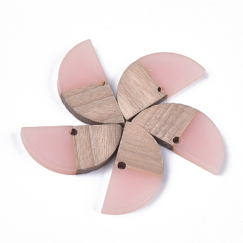 Resin & Wood Semi Circle Pendants, Half Round, Pink, 14x28x3~3.5mm, Hole: 2mm