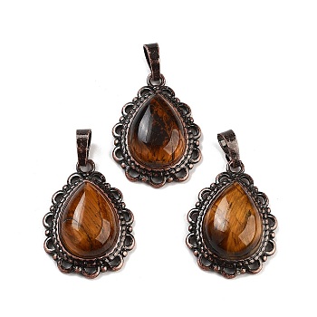 Natural Tiger Eye Teardrop Pendants, Red Copper Tone Brass Charms, 28.5x20.5x7mm, Hole: 8x5mm