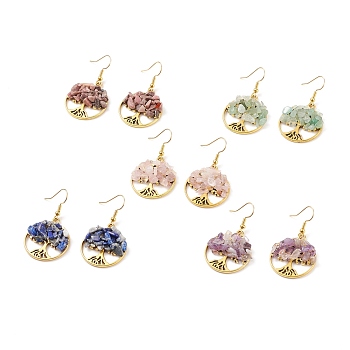 Natural Gemstone Chips Tree of Life Dangle Earrings, Gold Plated Brass Jewelry for Women, 44mm, Pin: 0.6mm
