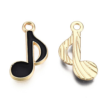 Alloy Pendants, with Enamel, Musical Note, Light Gold, Black, 20x12x2mm, Hole: 1.8mm