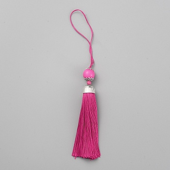 Polyester Tassel Big Pendants Decorations, with Acrylic Beaded and Platinum Alloy Findings, Camellia, 188mm