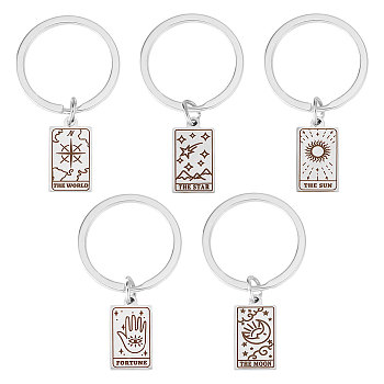 5Pcs 5 Style Rectangle with Tarot 316 Stainless Steel Pendant Keychains, for Keychain, Purse, Backpack Ornament, Stainless Steel Color, 5.4~5.45cm, 1pc/style