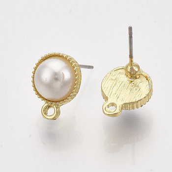 Alloy Stud Earring Findings, with ABS Plastic Imitation Pearl, Steel Pins and Loop, Flat Round, Creamy White, Light Gold, 12.5x9mm, Hole: 1.2mm, Pin: 0.7mm