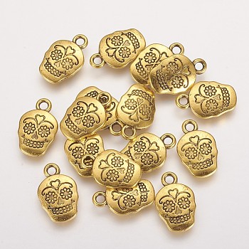 Mexico Holiday Day of the Dead Sugar Skull Tibetan Style Alloy Metal Pendants, For Mexico Holiday Day of the Dead, Lead Free & Cadmium Free & Nickel Free, Antique Golden, 18x12x3mm, Hole: 2mm