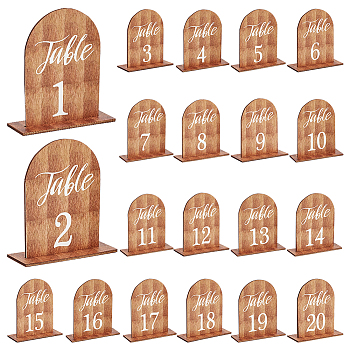 Arch Shaped Wooden Vertical Sign Holders, Single Sided Table Number 1~20 Stands for Wedding Party Supplies, Dark Goldenrod, Finish Product: 11x3.45x11cm