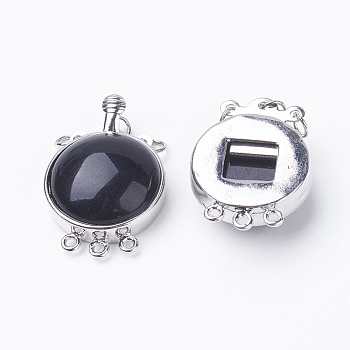 Natural Black Agate Box Clasps, with Brass Finding, Dyed, Flat Round, Platinum, 26.5x17.5x8~9mm, Hole: 1mm