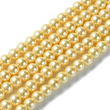 Eco-Friendly Dyed Glass Pearl Beads Strands, Grade A, Round, Cotton Cord Threaded, Yellow, 6mm, Hole: 1.2~1.5mm, about 70pcs/strand, 15.7 inch