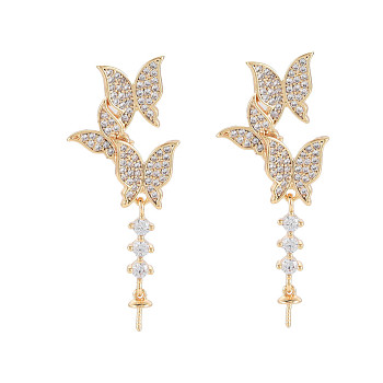 Brass Micro Pave Clear Cubic Zirconia Stud Earring Findings, for Half Drilled Beads, Nickel Free, Butterfly, Real 18K Gold Plated, 41x16.5mm, Pin: 0.7mm, pin: 0.9mm(for half drilled beads)