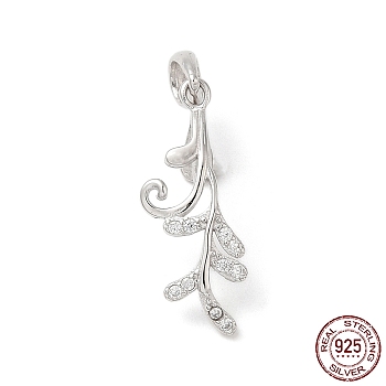 Rhodium Plated 925 Sterling Silver Ice Pick Pinch Bails, with Micro Pave Clear Cubic Zirconia, Leaf, with S925 Stamp, Real Platinum Plated, 21.5x8.5mm, Hole: 3x4.5mm, Pin: 0.9mm