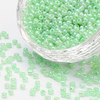 8/0 Glass Seed Beads, Ceylon, Round, Round Hole, Pale Green, 8/0, 3mm, Hole: 1mm, about 1111pcs/50g, 50g/bag, 18bags/2pounds