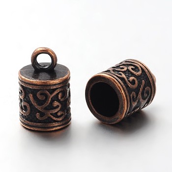 Tibetan Style Cord Ends, Column, Cadmium Free & Nickel Free & Lead Free, Red Copper, 13x8.5x8.5mm, Hole: 2mm