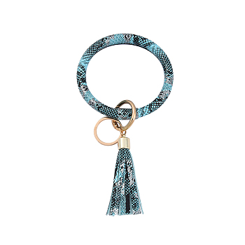 Snakeskin Pattern PU Imitaition Leather Bangle Keychains, Wristlet Keychain with Tassel & Alloy Ring, Pale Turquoise, 200x100mm