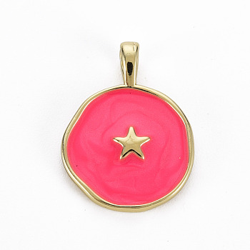 Brass Enamel Pendants, Cadmium Free & Nickel Free & Lead Free, Real 16K Gold Plated, Flat Round with Star, Cerise, 20.5x15.5x4.5mm, Hole: 2.5x3mm