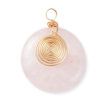 Natural Rose Quartz Pendants, with Light Gold Tone Copper Wire Wrapped, Flat Round, 35x27x6.5mm, Hole: 4mm