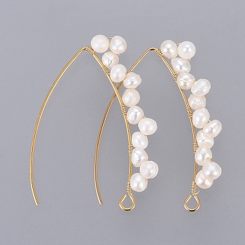 PVD Vacuum Plating 304 Stainless Steel Earring Hooks, with Grade A Natural Cultured Freshwater Pearl and Horizontal Loop, Golden, White, 42x32x5mm, Hole: 2mm, Pin: 0.8mm