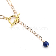 Lariat Necklaces, with Round Natural Lapis Lazuli Beads, Brass Toggle Clasps, Iron Paperclip Chains and Cardboard Box, Golden, 16.33~16.53 inch(41.5~42cm)(NJEW-JN03028-05)