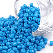 Baking Paint Glass Seed Beads, Dodger Blue, 8/0, 3mm, Hole: 1mm, about 1111pcs/50g, 50g/bag, 18bags/2pounds(SEED-US0003-3mm-K17)