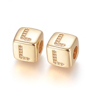 Brass Micro Pave Cubic Zirconia European Beads, Horizontal Hole, Large Hole Beads, Long-Lasting Plated, Cube with Letter, Golden, Clear, Letter.L, 9x9x9.5mm, Hole: 4.5mm(ZIRC-G162-13G-L)