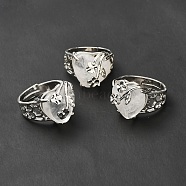 Natural Quartz Crystal Adjustable Rings, Platinum Tone Heart with Flower Brass Rings for Women, Cadmium Free & Lead Free, US Size 6 3/4(17.1mm), 4.5~9mm(RJEW-P043-03P-14)