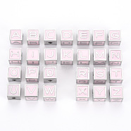 304 Stainless Steel Beads, with Enamel, Pink, Cube with Letter, Stainless Steel Color, Letter A~Z, 7x7x7mm, Hole: 2mm(STAS-N087-43-01-P)