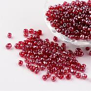 Round Glass Seed Beads, Trans. Colours Lustered, Crimson, Size: about 4mm in diameter, hole: 1.5mm, about 496pcs/50g(X-SEED-A006-4mm-105B)
