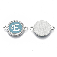 Alloy Enamel Links Connectors, with Crystal Rhinestones, Flat Round with Letter, Silver Color Plated, Letter.E, 22x16x2mm, Hole: 1.8mm(ENAM-TAC0003-01S-06E)
